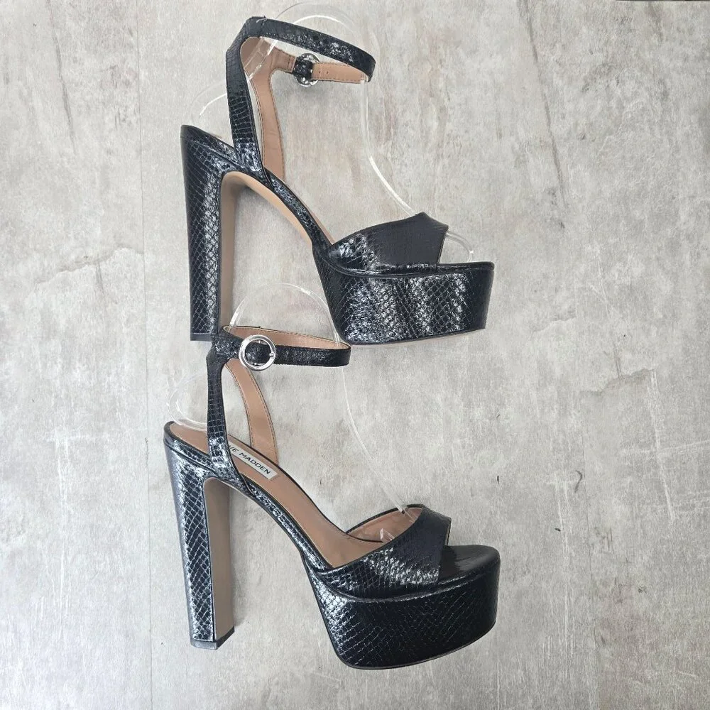 Steve Madden Chunky Platform Heels 8 Black Croc Dressy Formal High Heeled Shoes - Picture 6 of 12